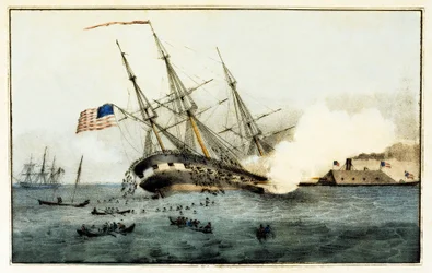 El hundimiento del Cumberland por el Merrimac acorazado, cerca de Newport News, Va., 8 de marzo de 1862, pub. 1862
